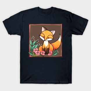 Cute Folk Art Fox With Flowers T-Shirt